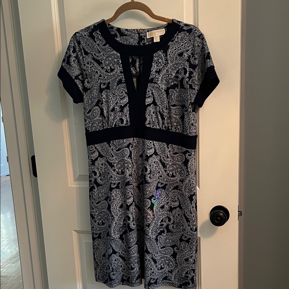 Michael Kors Navy and White Paisley Dress